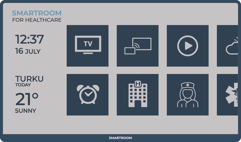 Screen displaying user interface for hospital tv solution